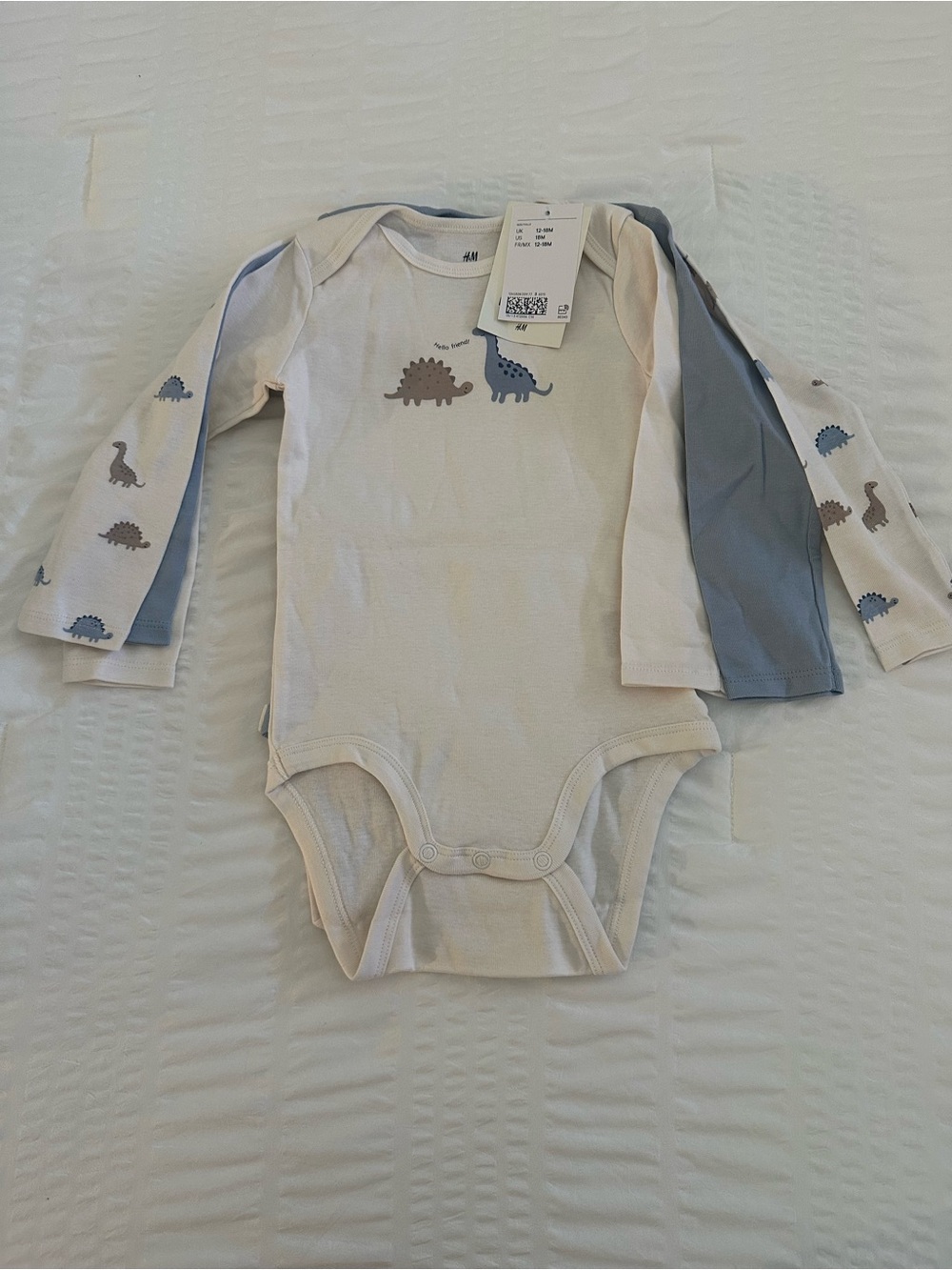 H&M 3-Pack Cream and Blue Dino Long-Sleeve Bodysuit Set Size 12-18mo